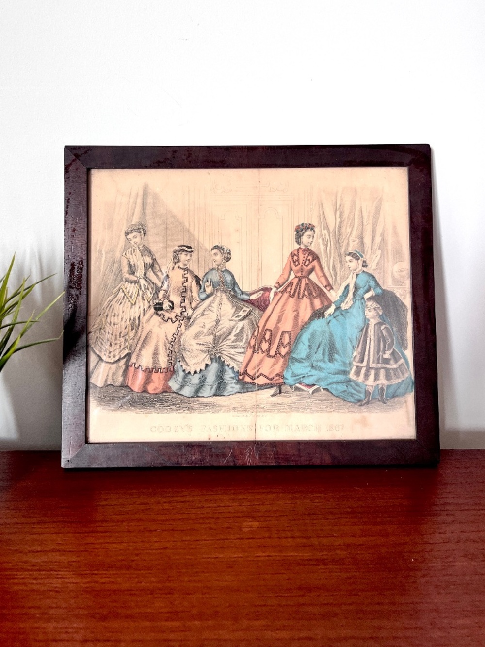 Antique Rare Wall Art Victorian Fashions 1867 Lithograph 12 x 10 Wood Frame